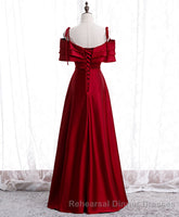 Burgundy Satin Beads Long Semi Formal Prom Dress, Burgundy Evening Dress